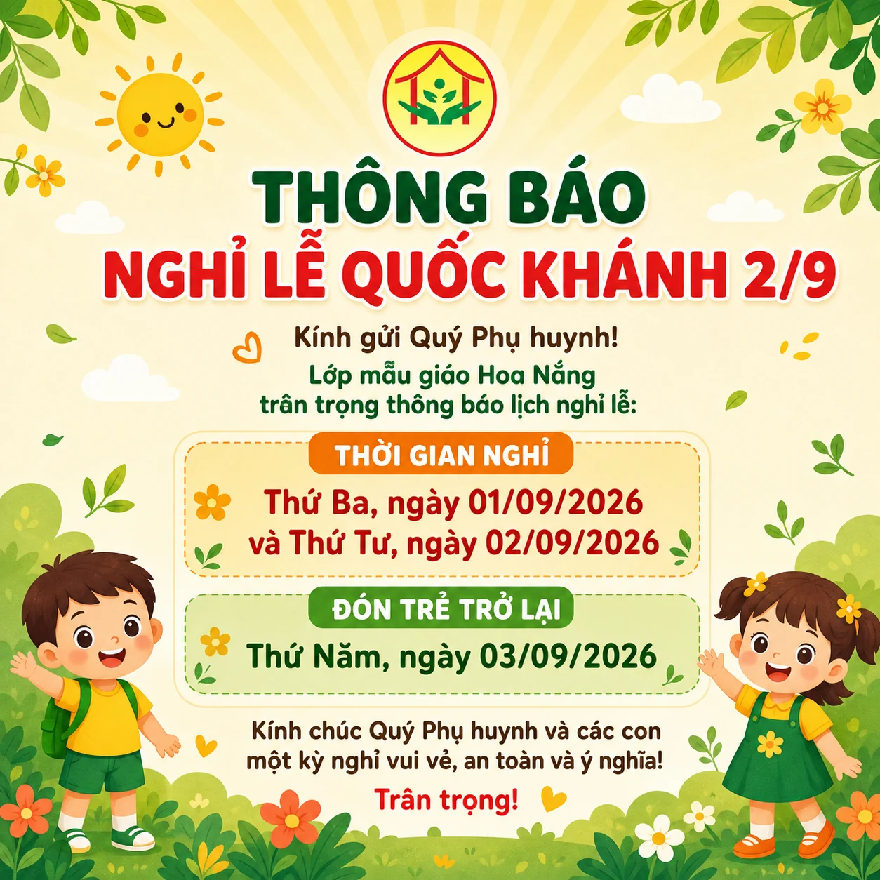 Thông báo lịch nghỉ lễ Quốc khánh 2/9 năm 2026 của Lớp Mẫu Giáo Hoa Nắng