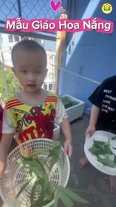Bé cầm rổ rau vừa thu hoạch tại Lớp Mẫu Giáo Hoa Nắng Nhà Bè