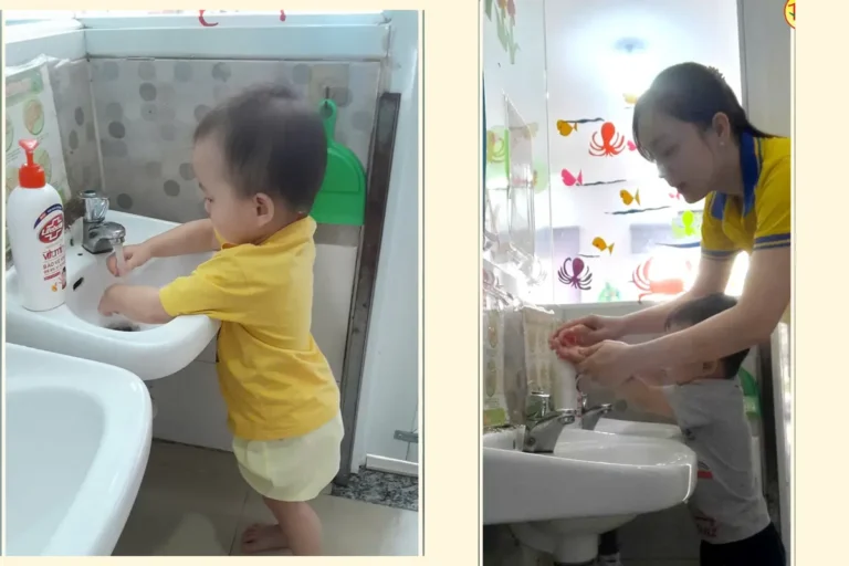 Dạy bé kỹ năng rửa tay: cô hướng dẫn, con tự thử tại Hoa Nắng Nhà Bè